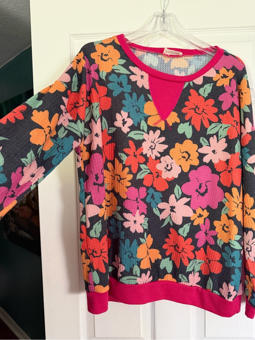 Pastel Striped Knit Top with Bright Pink Trim